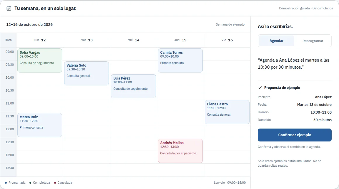 Vista de la demostración de MedAgenda: propuesta de cita junto a un calendario semanal con datos ficticios.